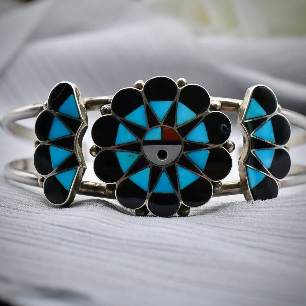 Vintage Zuni Sunface Cuff Bracelet by Delwin Gasper Sterling Silver 925